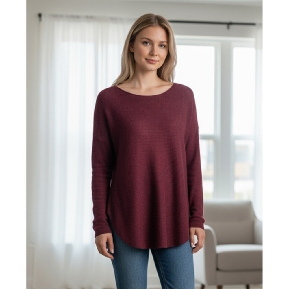 JOAN VASS Burgundy Ribbed Knit Long Sleeve Sweater Top Size Large NWT